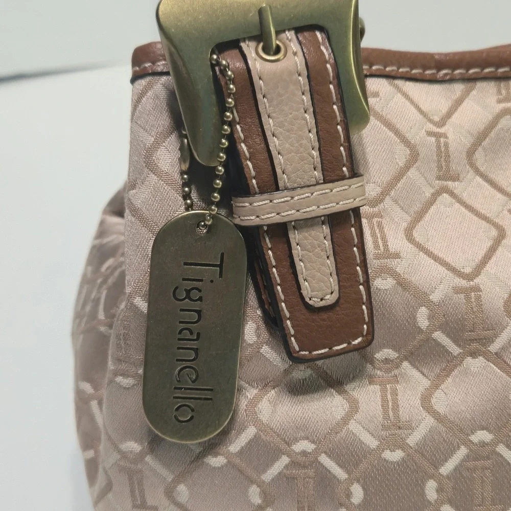 Tignanello Signature Satin Satchel‎ Shoulder Bag Handbag Purse Tan Leather Trim